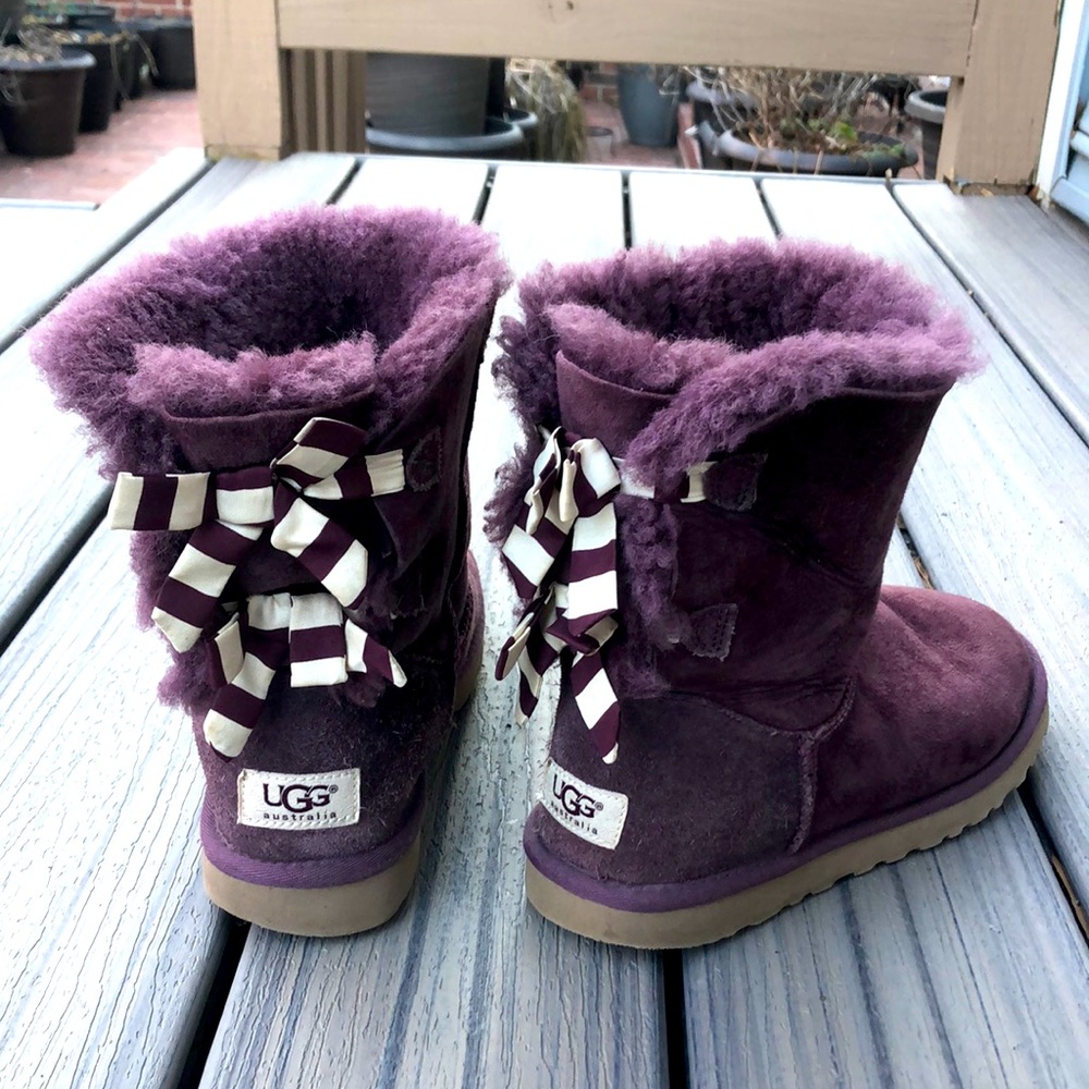 UGG boots Bailey Bow II purple eggplant purple and white striped lace bow tie